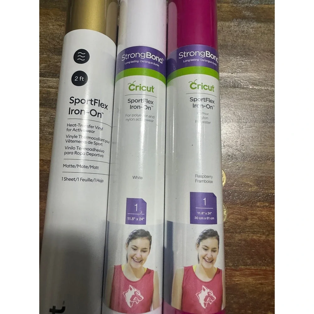 Cricut SportFlex Iron-On Vinyl Bundle 3 Rolls Gold White Raspberry 11.8x24 HTV
